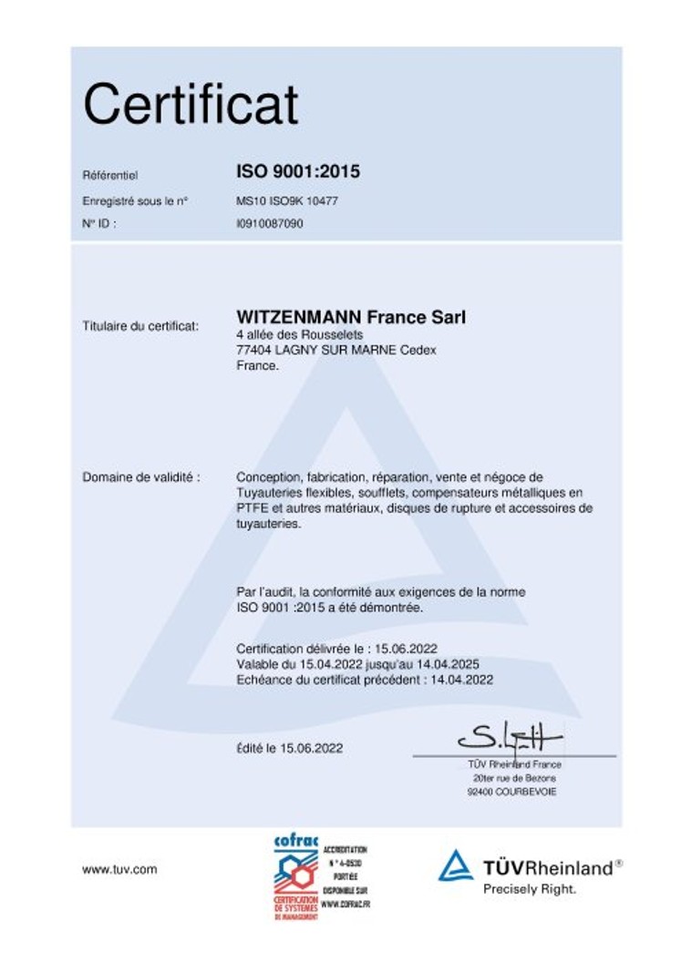 ISO 9001:2015 Certificat Witzenmann France